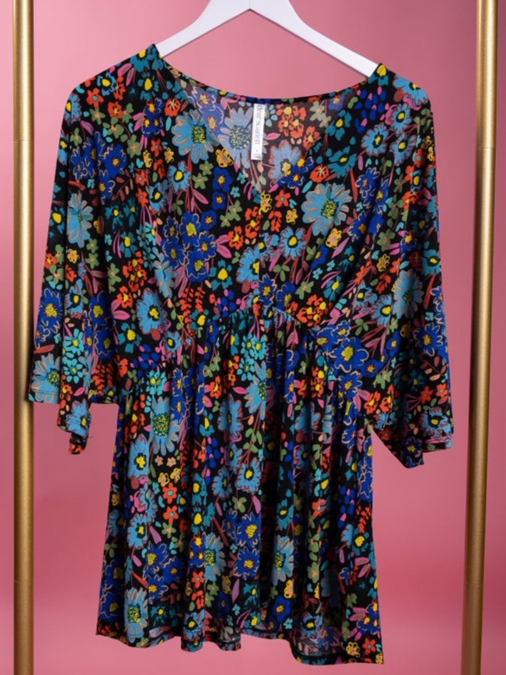 Black Floral V-Neck Tunic Top with Bright Multicolor Flowers